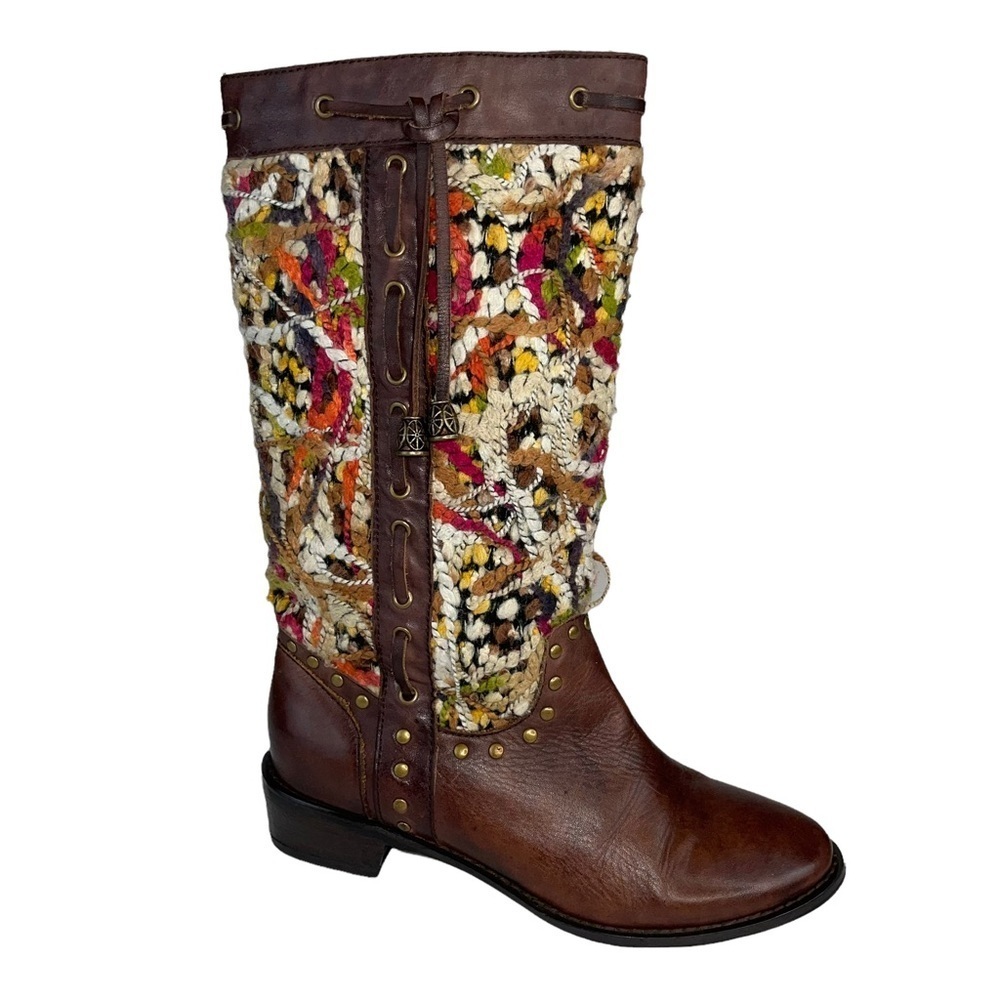 Spring Step Tapestry Woven Mid Calf Boho Western Boot Brown Leather - Picture 17 of 17